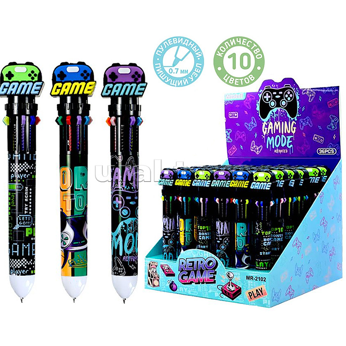 Ручка шариковая автоматическая "GAME" 10 цв. (фиолетовый, черный, синий, красный, оранжевый, зеленый, жёлтый, голубой, розовый, коричневый), пулевидный пиш.узел 0.7мм, корпус пластиковый цветной, сменный стержень 68 мм, картонный дисплей