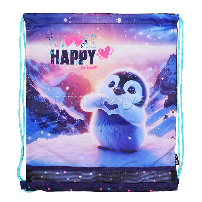Сумка для сменной обуви "Happy Pinguin" 40x47 см, водоотталкивающая ткань, на веревочной завязке, с вставкой из пластиковой сетки для вентиляции, с петлей для повеса и переноски