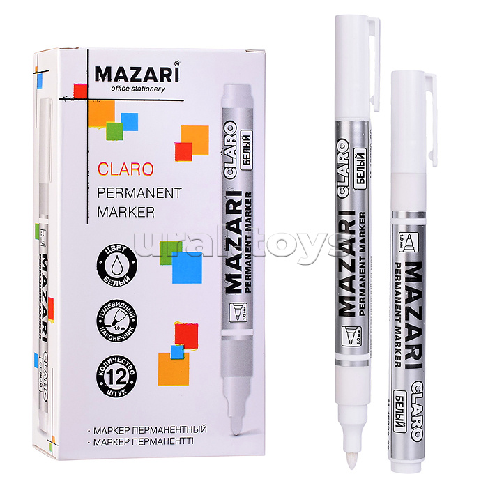 Маркер перманентный Claro, белый, пулевидный наконечник, ширина линии письма 1-2 мм, картонная упаковка
