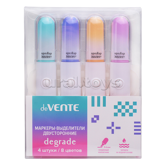Набор маркеров-выделителей "Degrade" двусторонние, 4 шт. 8 цветов. плоский корпус c клипом, скошенный наконечник, ширина линии 1-4 мм, в пластиковой коробке