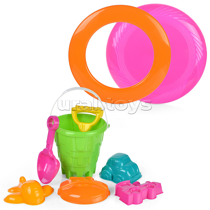 Набор летний №4 (ведро+совок+грабли+фрисби+кольцо+4 формочки)