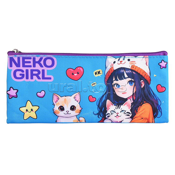 Пенал "NekoGirl" 21,5x9x1 см, плоский для 35 предметов, плотный износостойкий полиэстер с водоотталкивающей пропиткой, на молнии