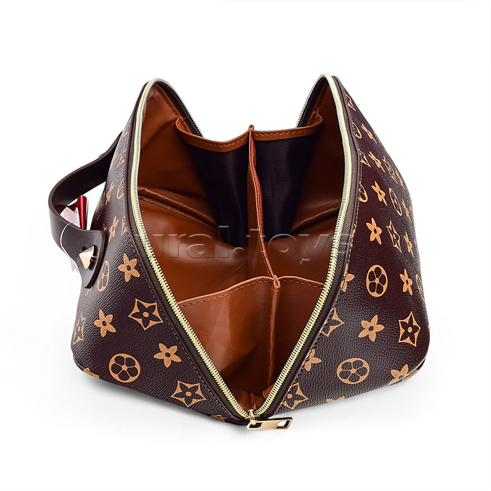 Пенал-косметичка "Monogram" 24x12x12 см, прямоугольный для 150 предметов, на молнии, внутренние карманы и отделения, со складной ручкой для переноски, искусственная кожа до -40C с антивандальной фактурой, с подкладом из эко кожи, коричневый