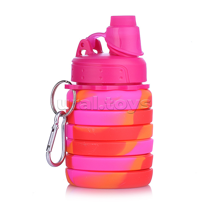 Бутылка складная 500 мл, герметичная, с пластиковой крышкой и поильником, с карабином, оранжево-розовая деграде, индивидуальная упаковка