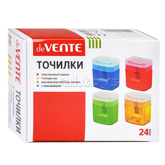 Точилка для карандашей 1 отверстие, с контейнером, пластмассовая, прямоугольная, с индивидуальной мракировкой, в картонной коробке, ассорти