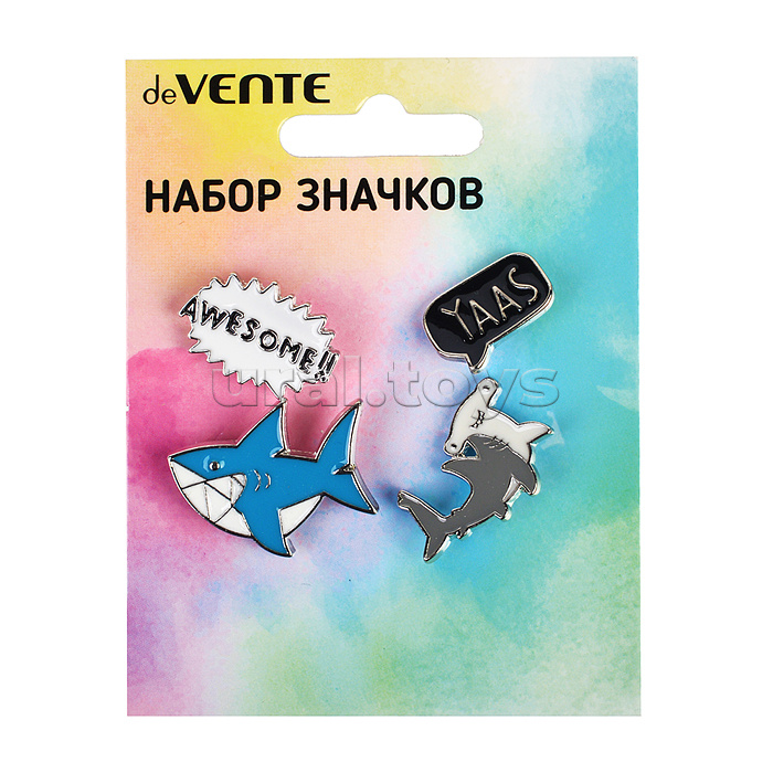 Набор значков "Shark" эмалированные, размер изделий: awesome!! 1,5x1,5 см, yaas 3x2 см, голубая акула 3x2,3 см, серая акула 2,8x1,7 см на карточке 7,0x9,5 см с пластиковым пакетом Набор значков "Shark" эмалированные, размер изделий: awesome!! 1,5x1,5 см, yaas 3x2 см, голубая акула 3x2,3 см, серая акула 2,8x1,7 см на карточке 7,0x9,5 см с пластиковым пакетом