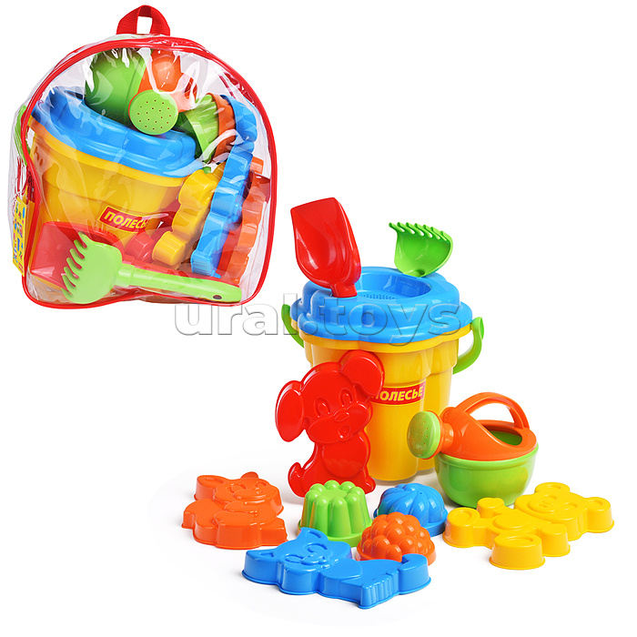 Набор №168 (в рюкзаке): ведро-цветок большое, ситечко-цветок большое, лопатка №5, грабельки №5, формочки (белочка + пёсик + котёнок + медведь), 3 формочки, лейка малая №4