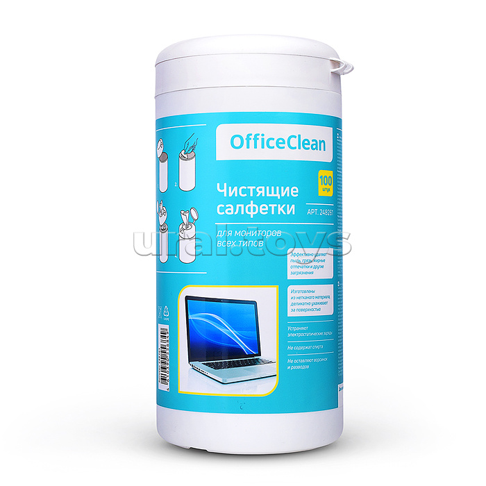 Салфетки чистящие влажные OfficeClean, для мониторов всех типов, в тубе, 100шт.