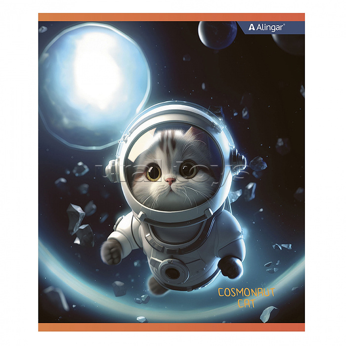 Тетрадь 48л., клетка, "Cosmonaut cat", А5, скрепка, мелованный картон (стандарт), блок офсет, 4 дизайна в пленке т/у