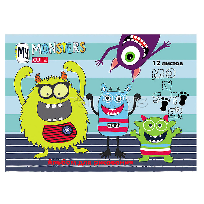 Альбом для рисования 12 л., "Радостные монстрики" скрепка