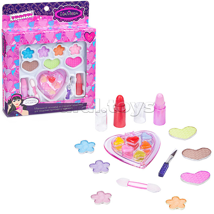 Набор детской декор. косметики Eva Moda,тени для век (7 оттенков; 5,6г), помады (2 цвета; 1,6г), сердечко с блесками для губ (6 цветов; 1,8г),кисточка и аппликатор
