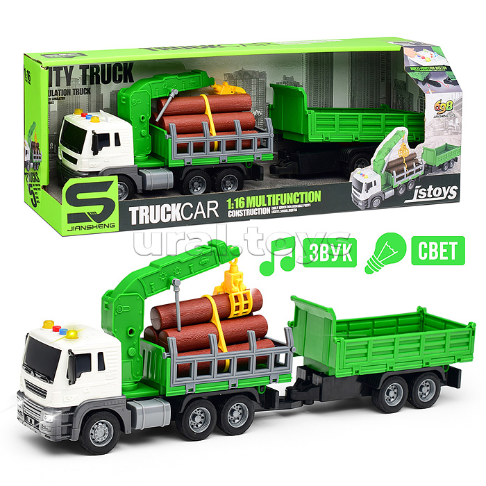 Машина "Лесовоз" с прицепом, на батарейках, в коробке