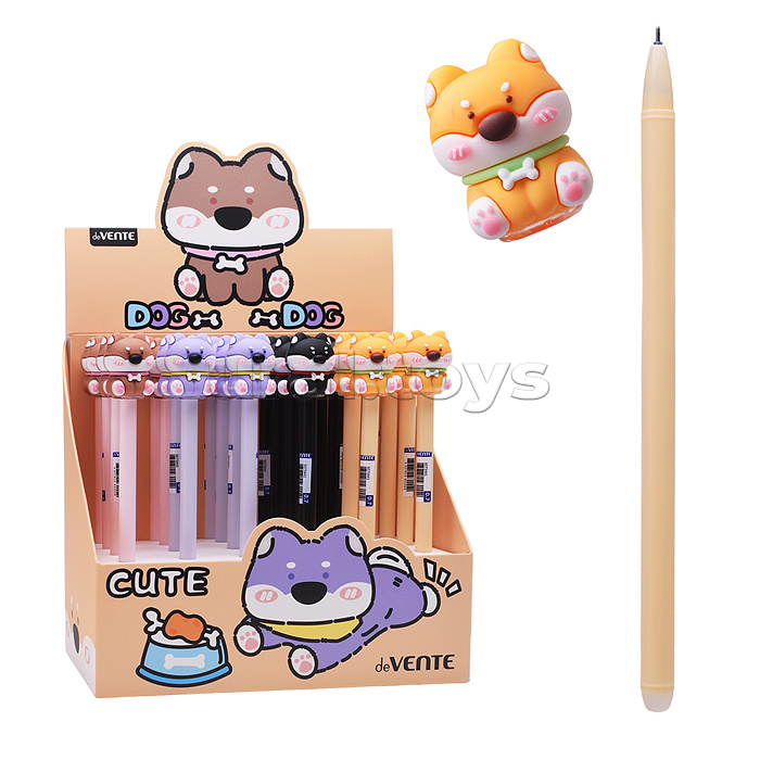 Ручка гелевая стираемая подарочная "Doggy" с декоративным элементом, d=0,5 мм, с ластиком, сменный стержень, индивидуальная маркировка, в картонном дисплее, синяя, ассорти 4 дизайна