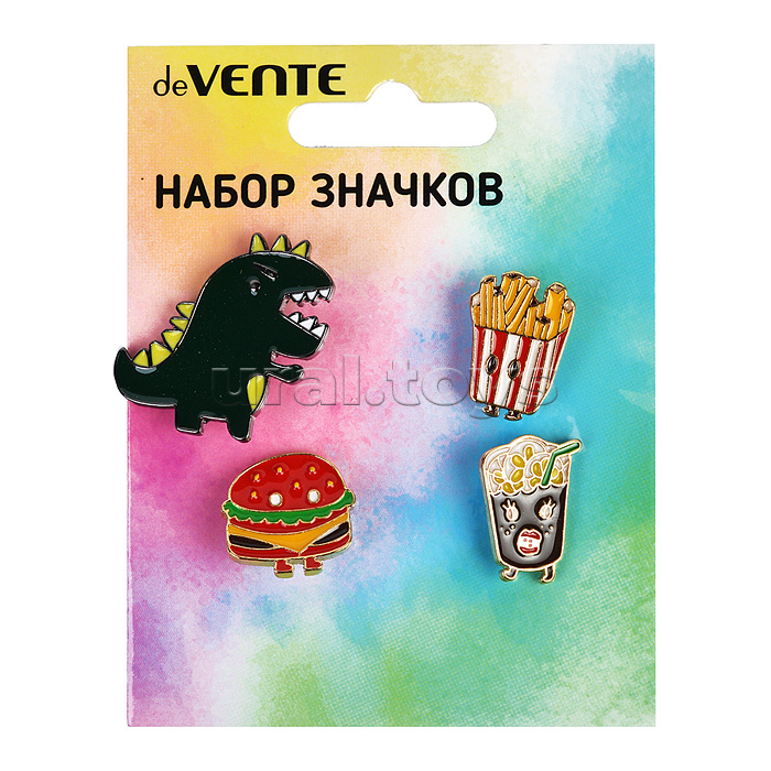 Набор значков "Monster" эмалированные, размер изделий: динозавр 3x3 см, картофель фри 1,5x2,1 см, гамбургер 1,8x1,8 см, напиток 1,3x2,1 см на карточке 7,0x9,5 см с пластиковым пакетом