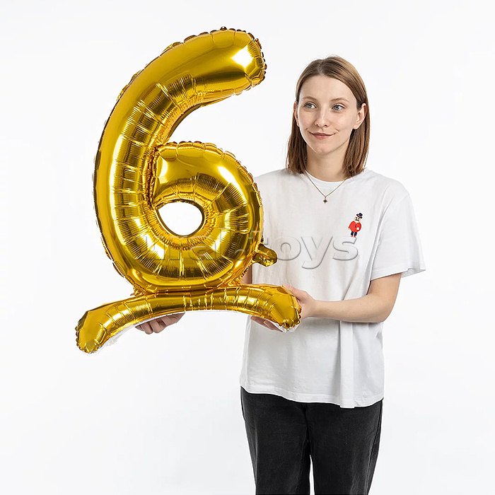 Шар (32''/81 см) Цифра на подставке, 6, Золото, 1 шт. в уп.