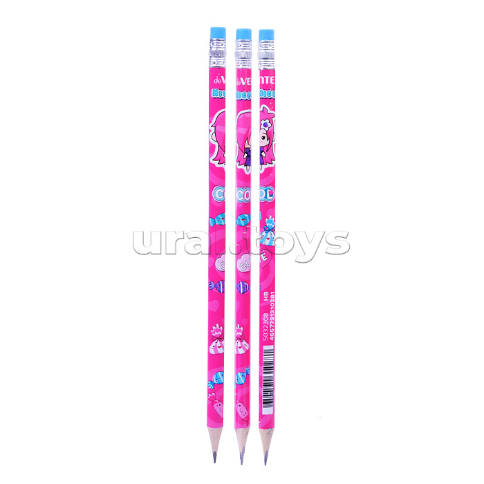 Карандаш чернографитный "NicoNico:-)" HB, диаметр грифеля 2 мм, трёхгранный розовый корпус с запечаткой, с ластиком, заточенный, индивидуальная маркировка, в пластиковой тубе