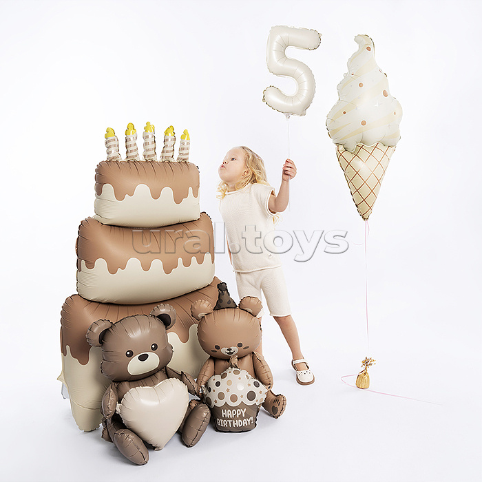 Шар (23''/58 см) Фигура 3D, Мишка с капкейком, Бежевый, Сатин, 1 шт. в уп.