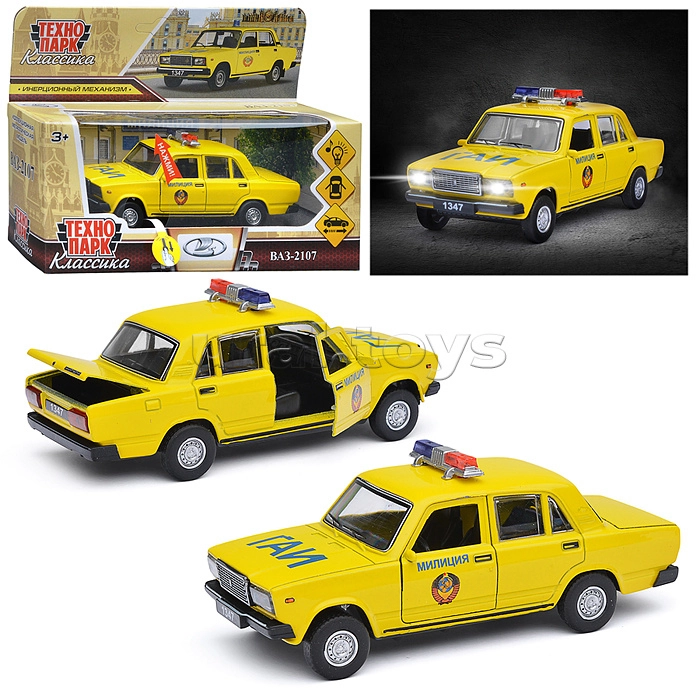 Машина металл ВАЗ-2107 Полиция 12 см, (св-зв, дв, баг,ин, желтый