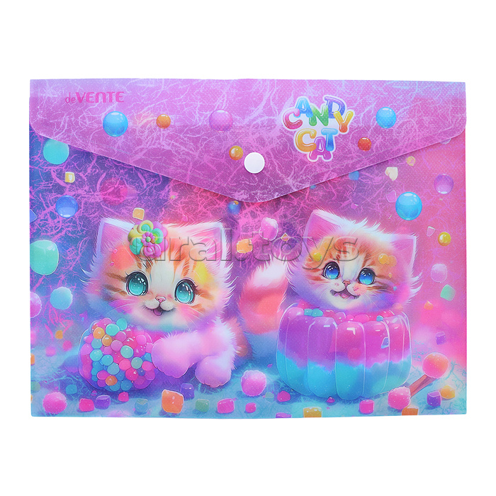 Папка-конверт на кнопке "Candy Cat" A5 (240x180 мм) 180 мкм, матовая полупрозрачная с рисунком, с волокнистой фактурой, индивидуальная маркировка