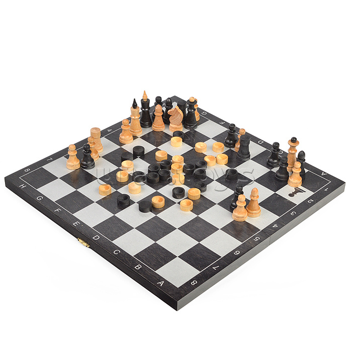Игра 3в1 малая черная, рисунок серебро с обиходными деревянными шахматами "Объедовские" (нарды, шахм