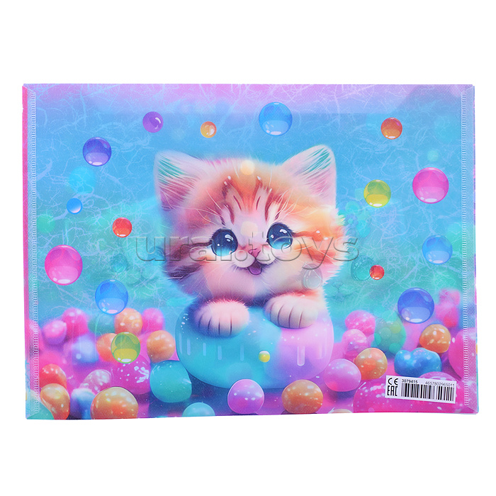 Папка-конверт на кнопке "Candy Cat" A4 (330x235 мм) 180 мкм, матовая полупрозрачная с рисунком, с волокнистой фактурой, индивидуальная маркировка