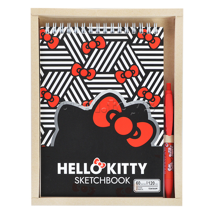 Набор. Скетчбук "Hello Kitty" красный бант, формат А5, 60 листов, переплет гребень, расположение