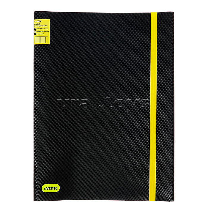 Папка с 40 вкладышами A3 "MonoChrome" A3 (320x435x25 мм) 500 мкм, с рельефной фактурной поверхностью, вкладыши 30 мкм, вертикальная неоновая желтая резинка 15 мм, индивидуальная упаковка и маркировка, непрозрачная черная с неновым желтым