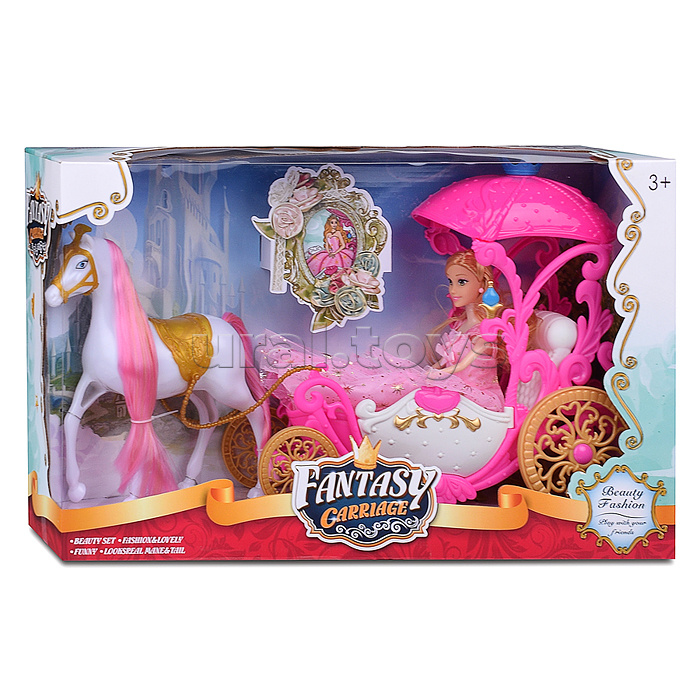 Карета "Принцесса цветов" с лошадкой и куклой, в коробке