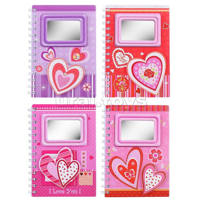 Блокнот "Hearts" 12.7х19.3 см, 60 листов, с зеркальцем, линованный внутренний блок, плотность бумаги 70 г/м2, ассорти 4 дизайна, ОПП-упаковка