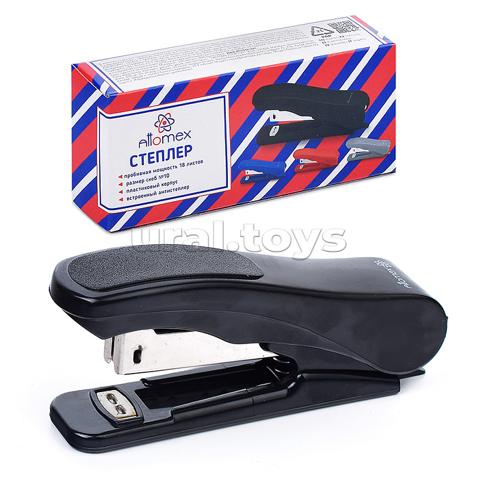Степлер "Attomex" № 10 усиленный (мощность 18 листов, глубина скрепления 45 мм) пластиковый, в картонной коробке, со встроенным  антистеплером, черный
