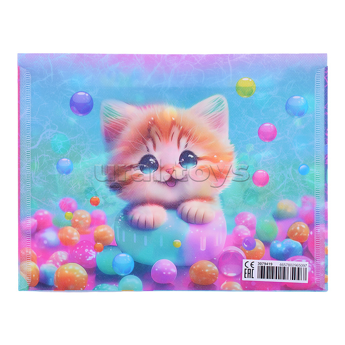 Папка-конверт на кнопке "Candy Cat" A5 (240x180 мм) 180 мкм, матовая полупрозрачная с рисунком, с волокнистой фактурой, индивидуальная маркировка