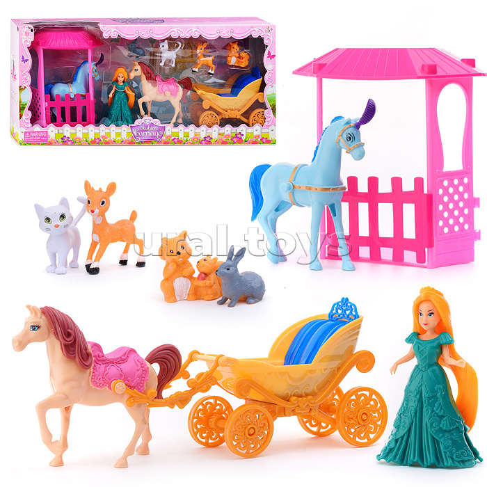 Карета с лошадью и куклами в коробке