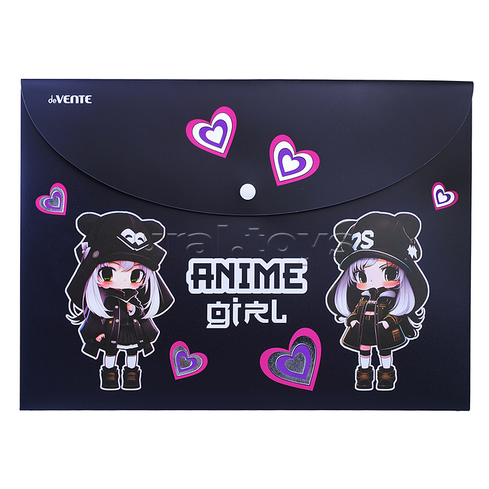 Папка-конверт на кнопке "Anime Girl" A4 (335x235 мм) 300 мкм, тиснение серебристой фольгой, индивидуальная упаковка