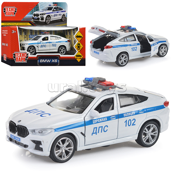 Машина металл BMW X6 Полиция 12 см, (двери, багаж, белый)инерц, в коробке