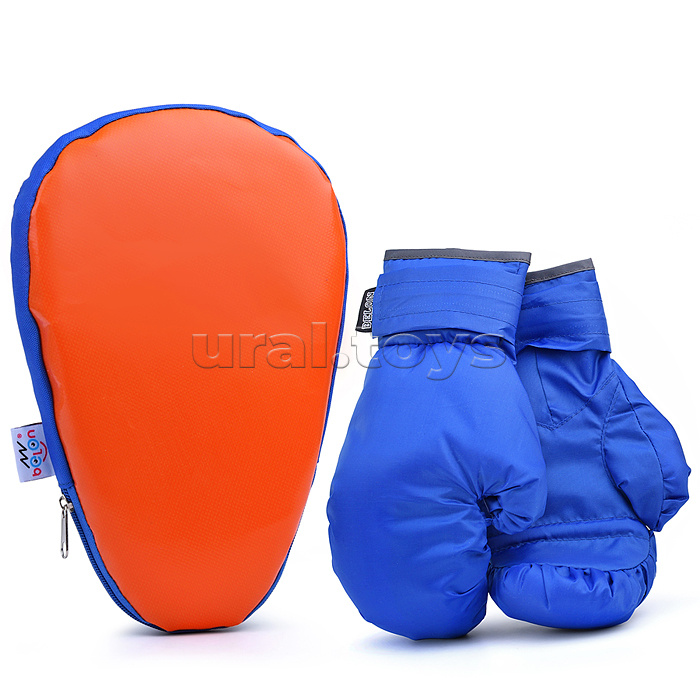Набор для бокса: Лапа боксерская 27х18,5*4см с перчатками. Цвет оранжевый-синий