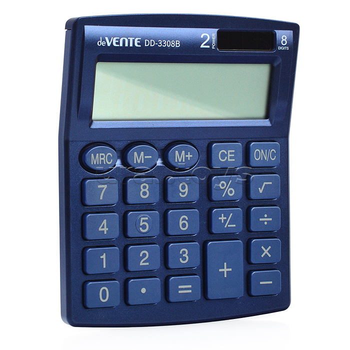 Калькулятор настольный, 105x127x21 мм, 8 разрядный, автоматическое вычисление квадратного корня, процентов, функция смены знака, работа с памятью, двойное питание, автоматическое отключение, прорезиненные ножки, синий, в картонной коробке DD-3308B